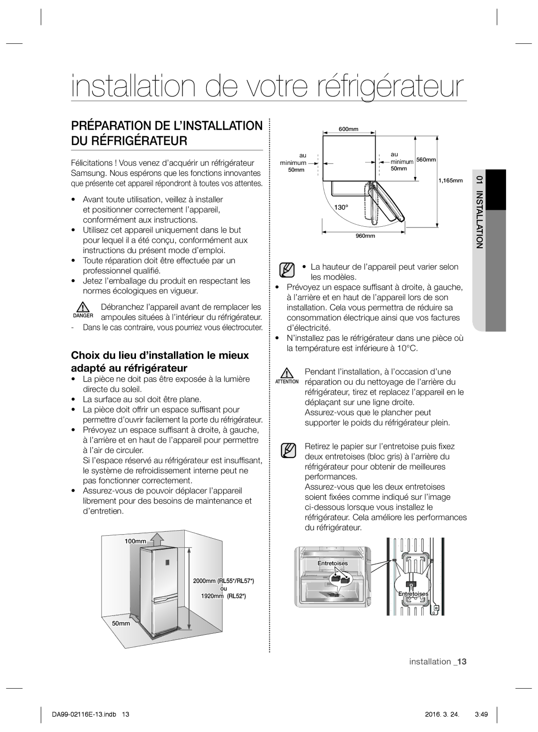 Samsung RL55VJBIH1/XEO, RL52VEBSW1/XEF Installation de votre réfrigérateur, Préparation DE L’INSTALLATION DU Réfrigérateur 