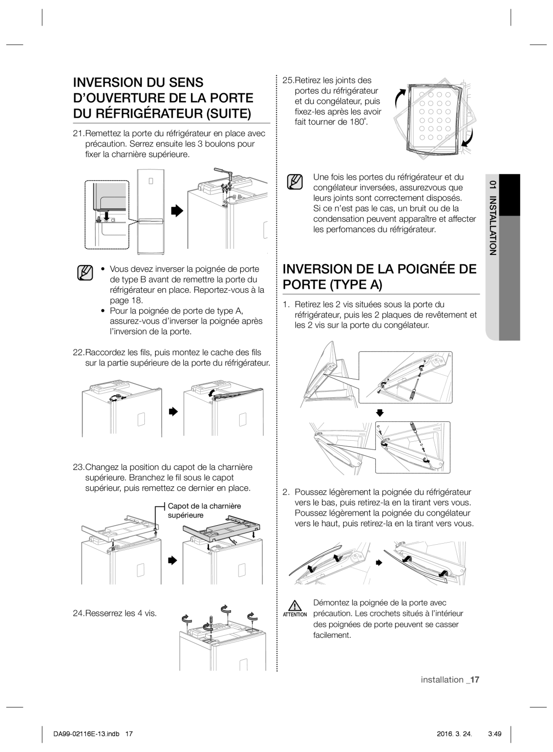 Samsung RL55VTEBG1/EUR manual Inversion DE LA Poignée DE Porte Type a, Des poignées de porte peuvent se casser facilement 