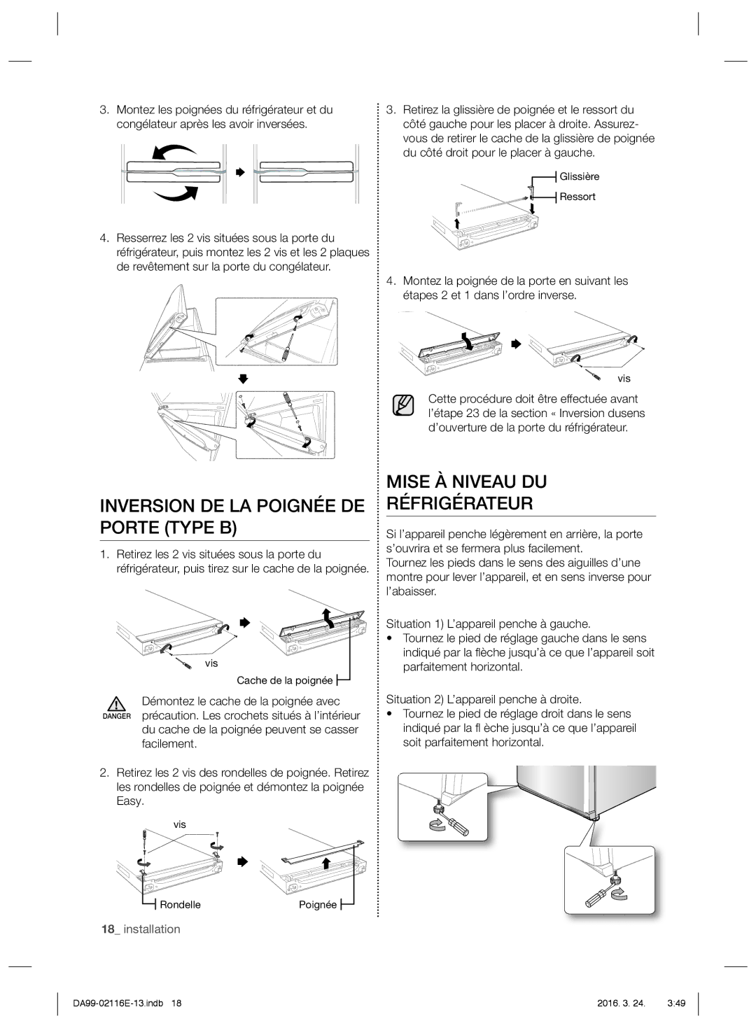 Samsung RL55VJBIH1/EUR, RL55VJBIH1/XEO manual Inversion DE LA Poignée DE Porte Type B, Mise À Niveau DU Réfrigérateur 