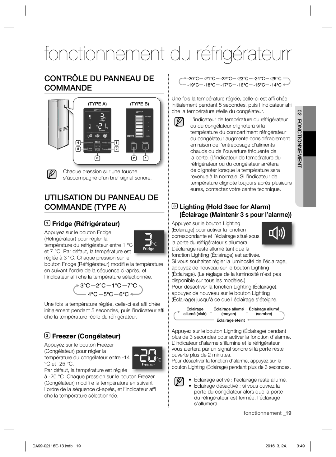 Samsung RL55VJBIH1/XES manual Fonctionnement du réfrigérateurr, Contrôle DU Panneau DE Commande, Fridge Réfrigérateur 