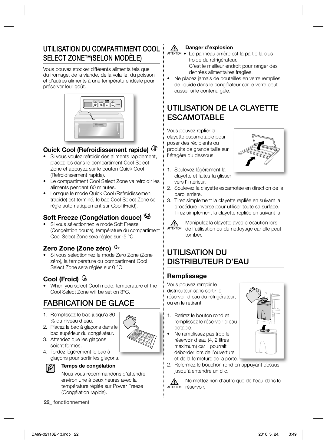 Samsung RL55VTEBG1/XEO Utilisation DE LA Clayette Escamotable, Fabrication DE Glace, Utilisation DU Distributeur D’EAU 