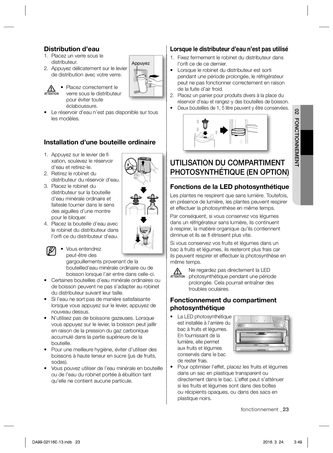 Samsung RL55VQBRS1/XEF Distribution d’eau, Installation d’une bouteille ordinaire, Fonctions de la LED photosynthétique 