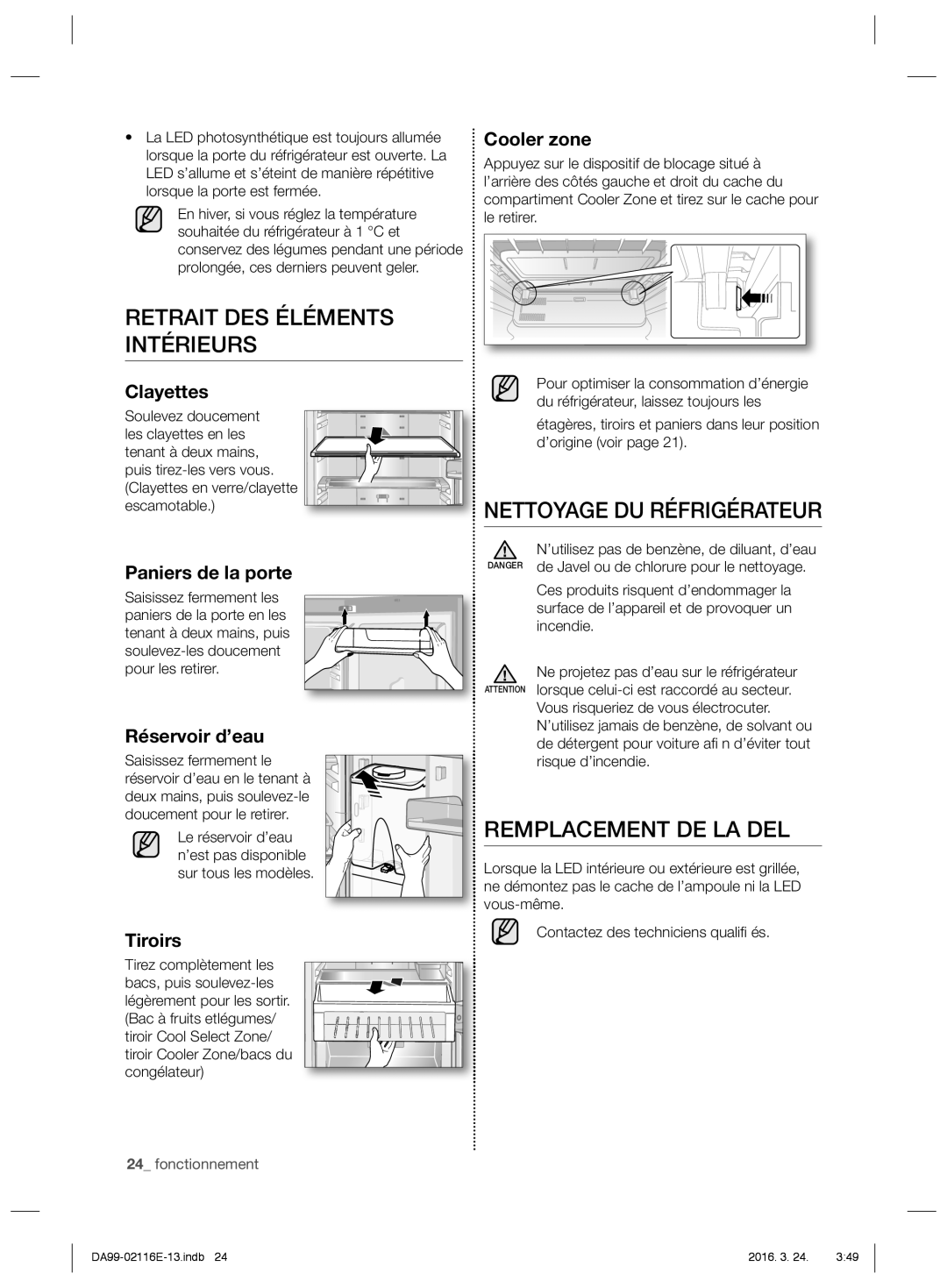 Samsung RL55VTEBG1/XEF, RL55VJBIH1/XEO Retrait DES Éléments Intérieurs, Nettoyage DU Réfrigérateur, Remplacement DE LA DEL 