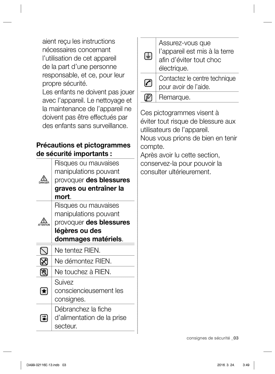 Samsung RL52VEBTS1/XEF Risques ou mauvaises, Manipulations pouvant, Ne tentez Rien, Ne démontez Rien, Ne touchez à Rien 