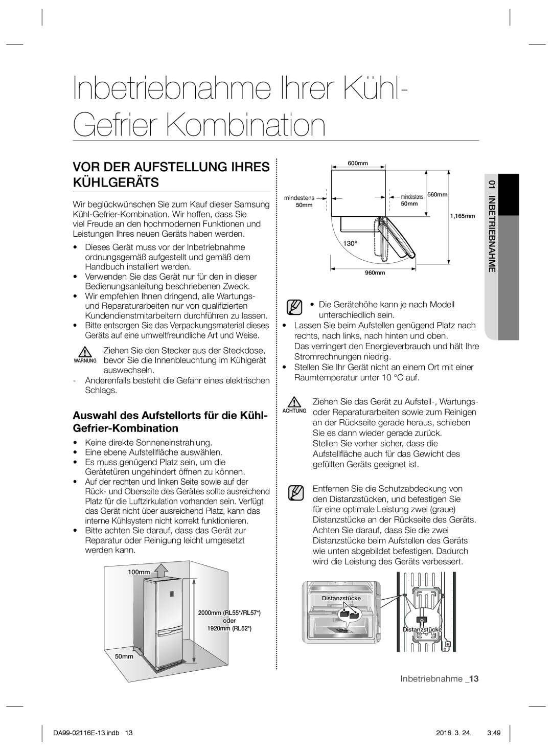 Samsung RL55VJBIH1/XEF VOR DER Aufstellung Ihres Kühlgeräts, Auswahl des Aufstellorts für die Kühl- Gefrier-Kombination 