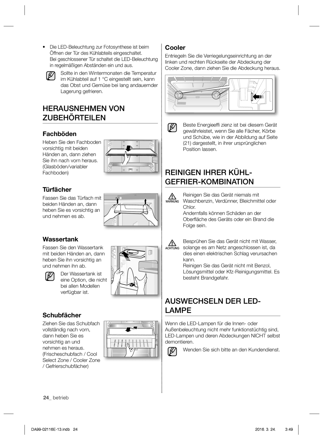 Samsung RL55VJBIH1/XEO, RL52VEBSW1/XEF manual Herausnehmen VON Zubehörteilen, Reinigen Ihrer KÜHL- GEFRIER-KOMBINATION 