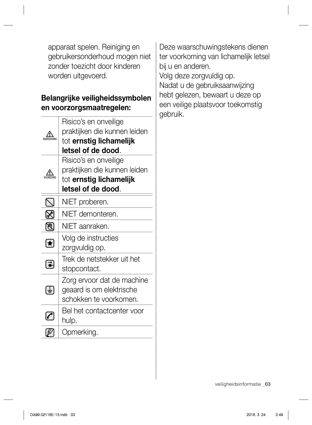 Samsung RL55VQBRS1/XEO Risico’s en onveilige, Niet proberen, Niet demonteren, Niet aanraken, Volg de instructies, Hulp 