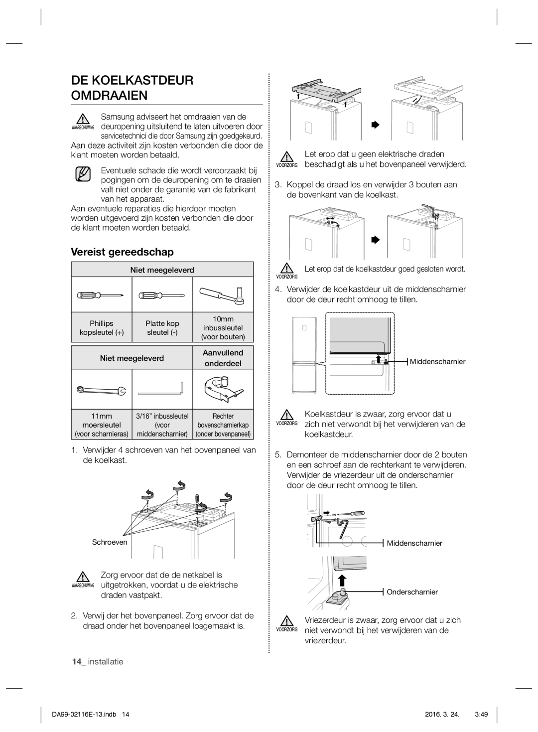 Samsung RL55VJBIH1/EUR, RL55VJBIH1/XEO, RL52VEBSW1/XEF, RL55VJBIH1/XEF manual DE Koelkastdeur Omdraaien, Vereist gereedschap 