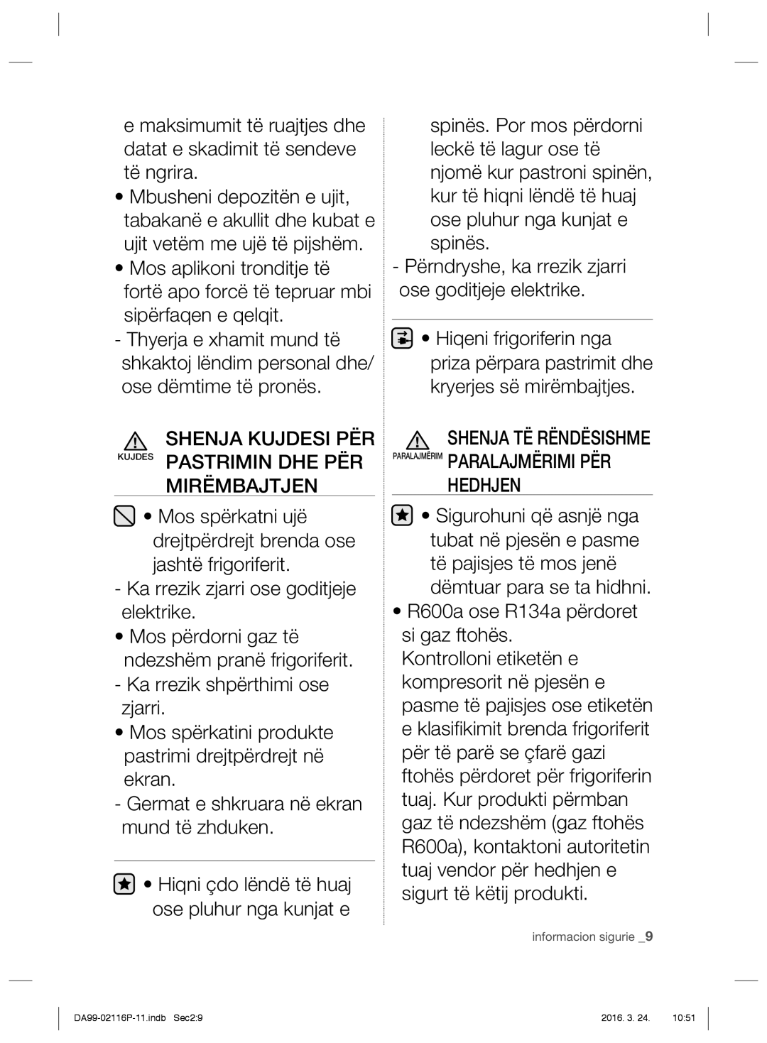 Samsung RL55VTEBG1/XEF, RL55VJBIH1/XEO, RL55VTE1L1/XEO Shenja Kujdesi PËR Kujdes Pastrimin DHE PËR Mirëmbajtjen, Hedhjen 