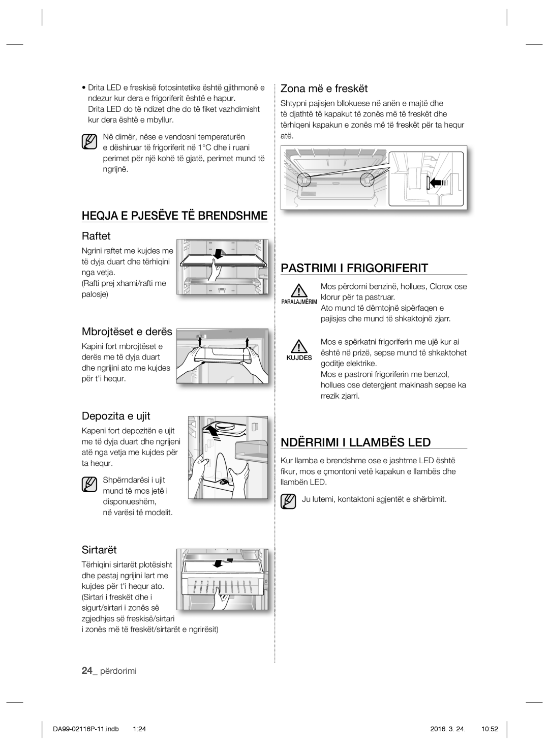 Samsung RL55VTEBG1/XEO, RL55VJBIH1/XEO manual Heqja E Pjesëve TË Brendshme, Pastrimi I Frigoriferit, Ndërrimi I Llambës LED 