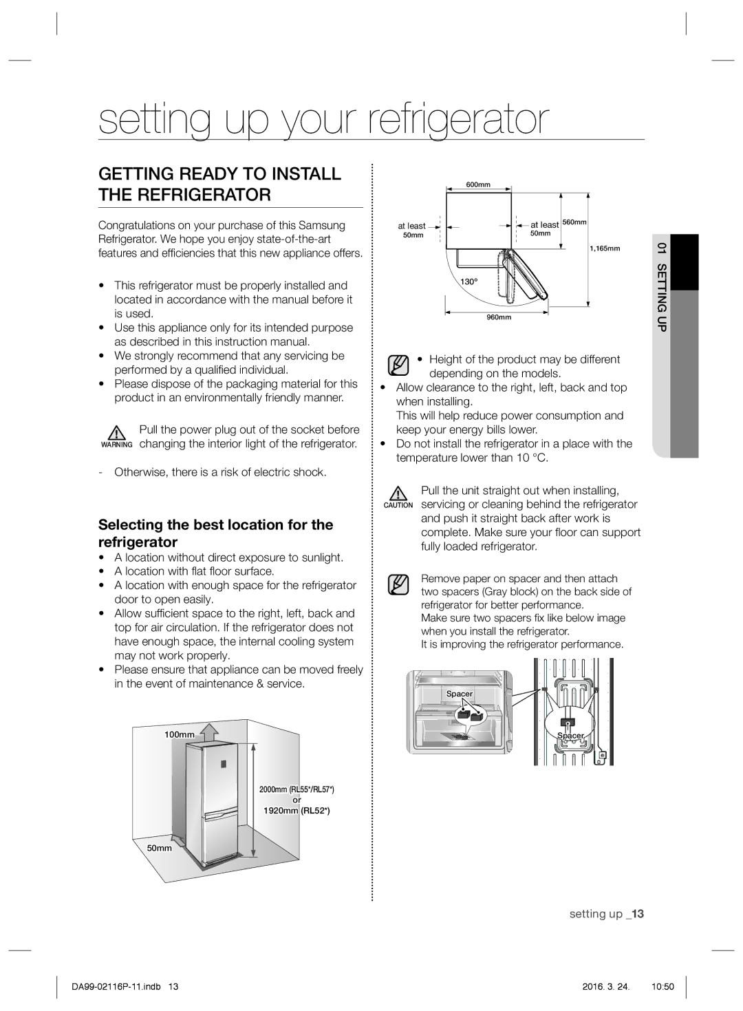 Samsung RL55VTEBG1/XES manual Getting Ready to Install the Refrigerator, Selecting the best location for the refrigerator 