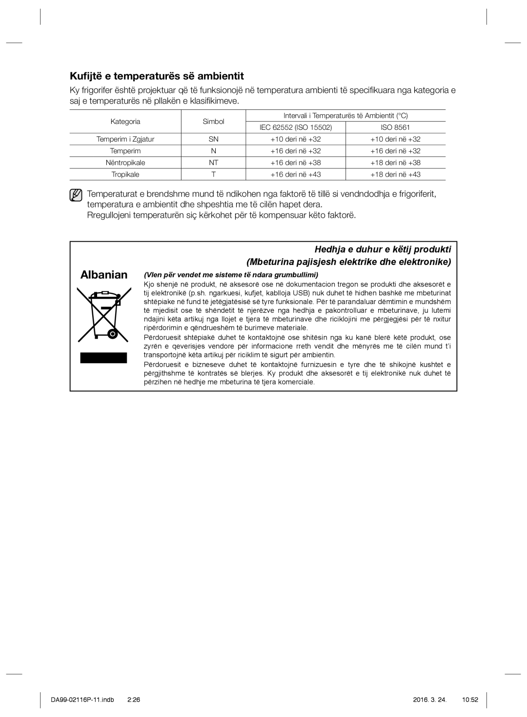 Samsung RL55VTEBG1/XEF manual Kuﬁjtë e temperaturës së ambientit, Albanian Vlen për vendet me sisteme të ndara grumbullimi 