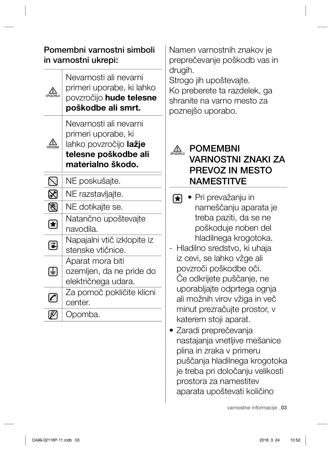 Samsung RL55VJBIH1/EUR, RL55VJBIH1/XEO, RL55VTE1L1/XEO manual Pomembni, Varnostni Znaki ZA Prevoz in Mesto Namestitve 