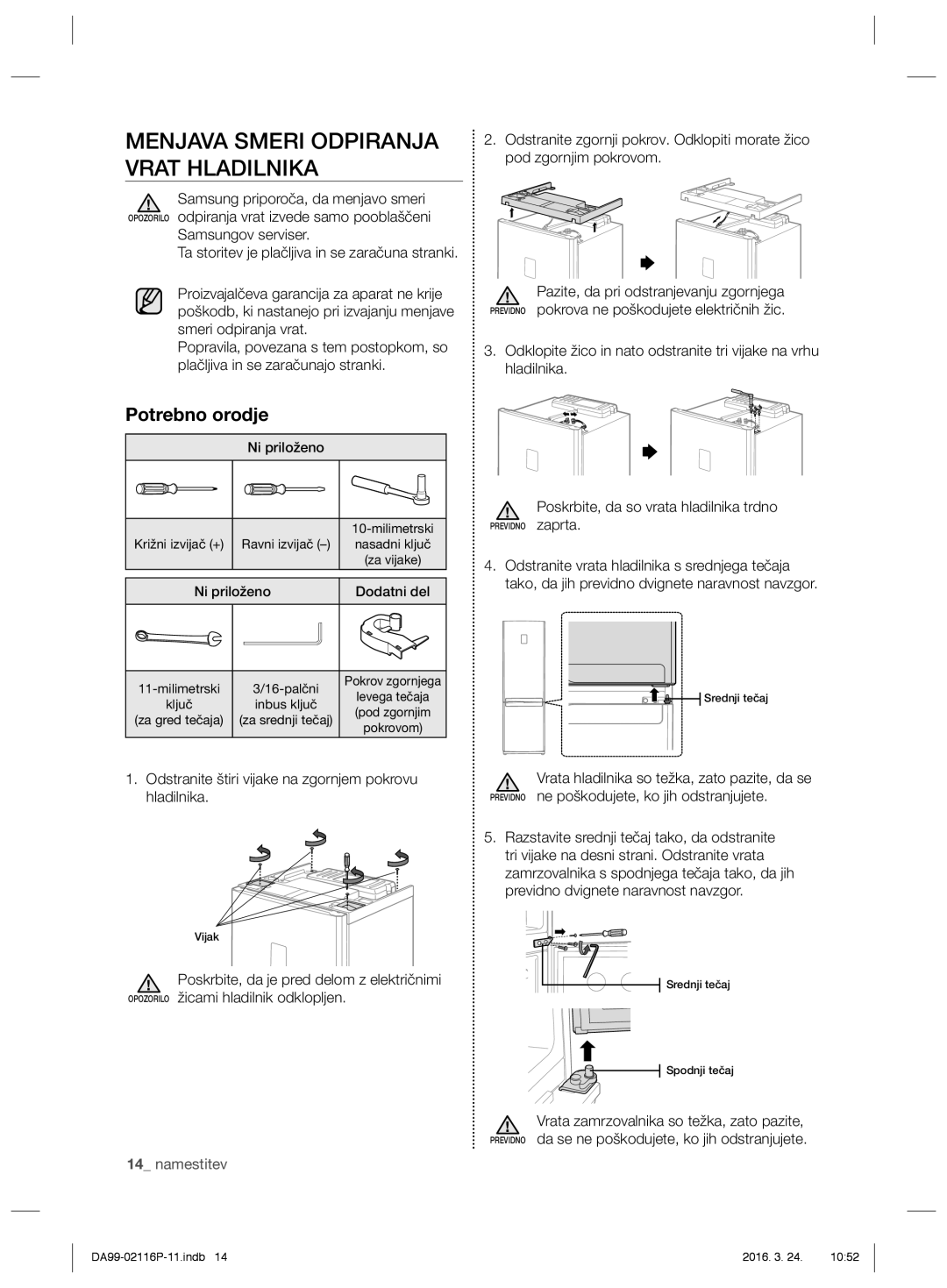 Samsung RL55VJBIH1/XEO manual Potrebno orodje, Ni priloženo, Odstranite štiri vijake na zgornjem pokrovu hladilnika 