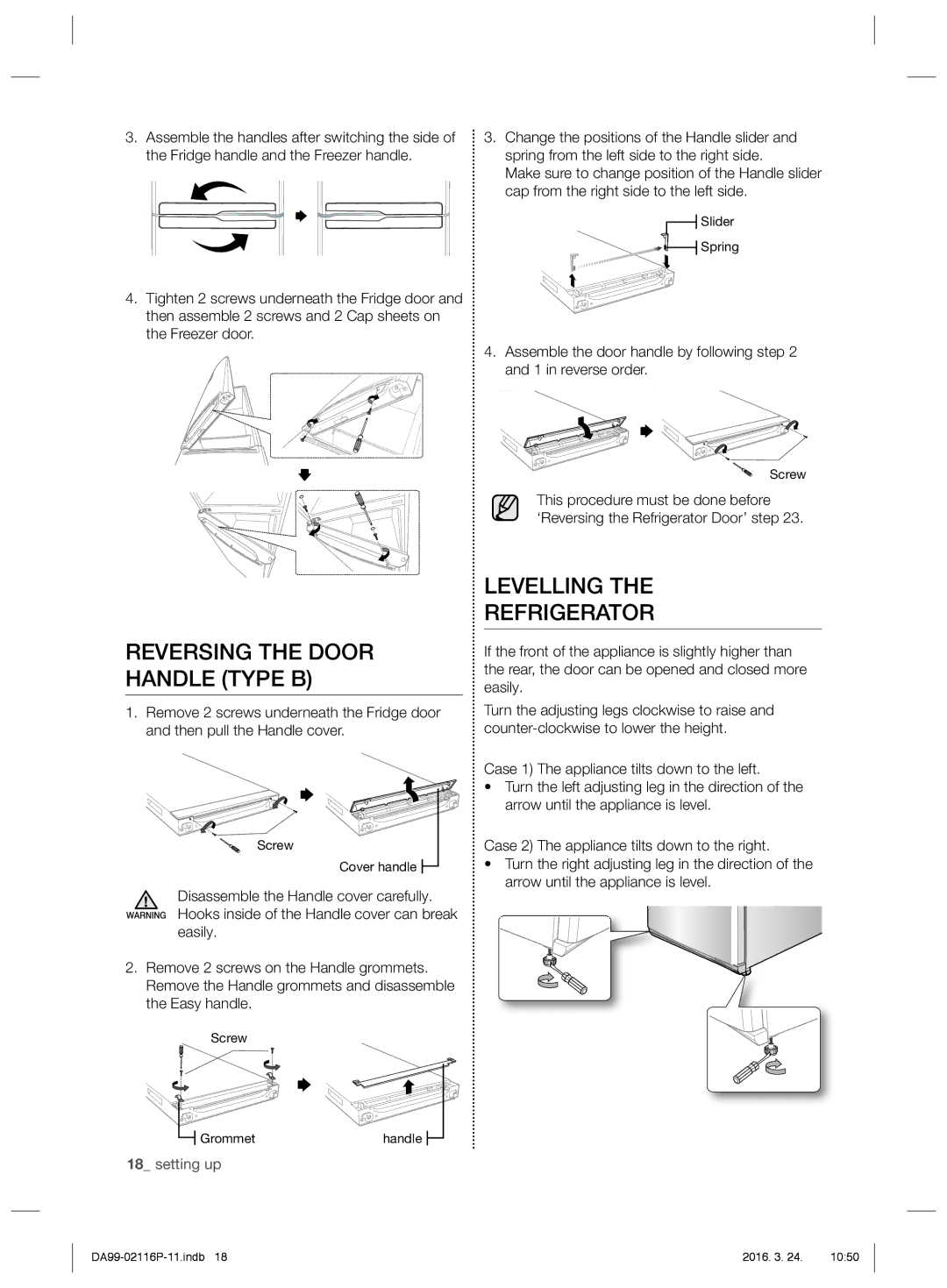 Samsung RL55VTE1L1/XEO, RL55VJBIH1/XEO, RL55VJBIH1/XEF manual Reversing the Door Handle Type B, Levelling Refrigerator 