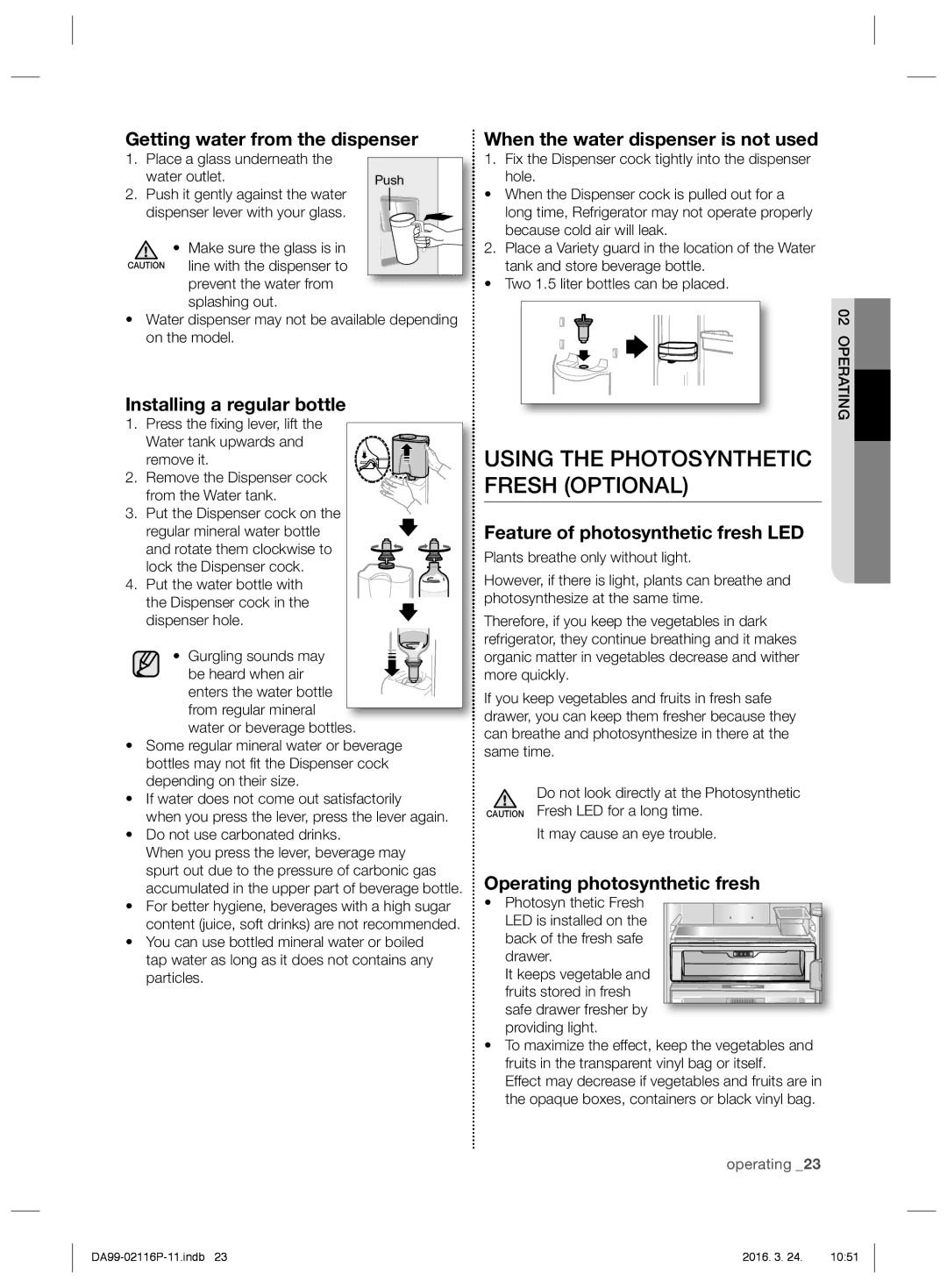 Samsung RL55VJBIH1/EUR, RL55VJBIH1/XEO manual Using the Photosynthetic Fresh Optional, Getting water from the dispenser 