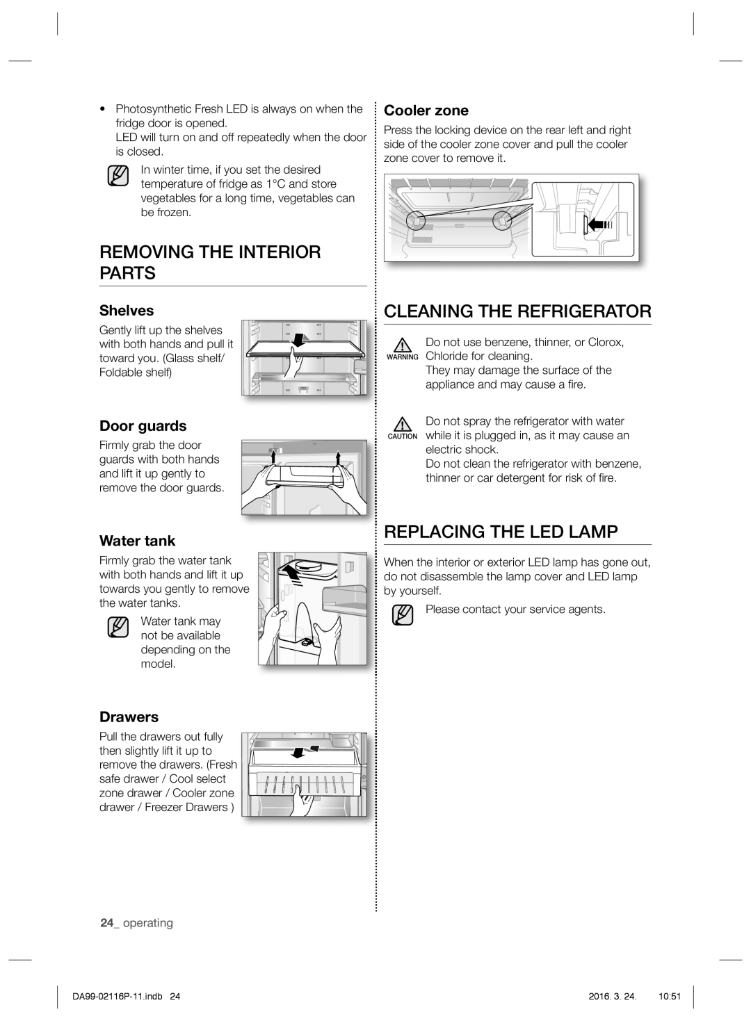 Samsung RL55VJBIH1/XES, RL55VJBIH1/XEO manual Removing the Interior Parts, Cleaning the Refrigerator, Replacing the LED Lamp 