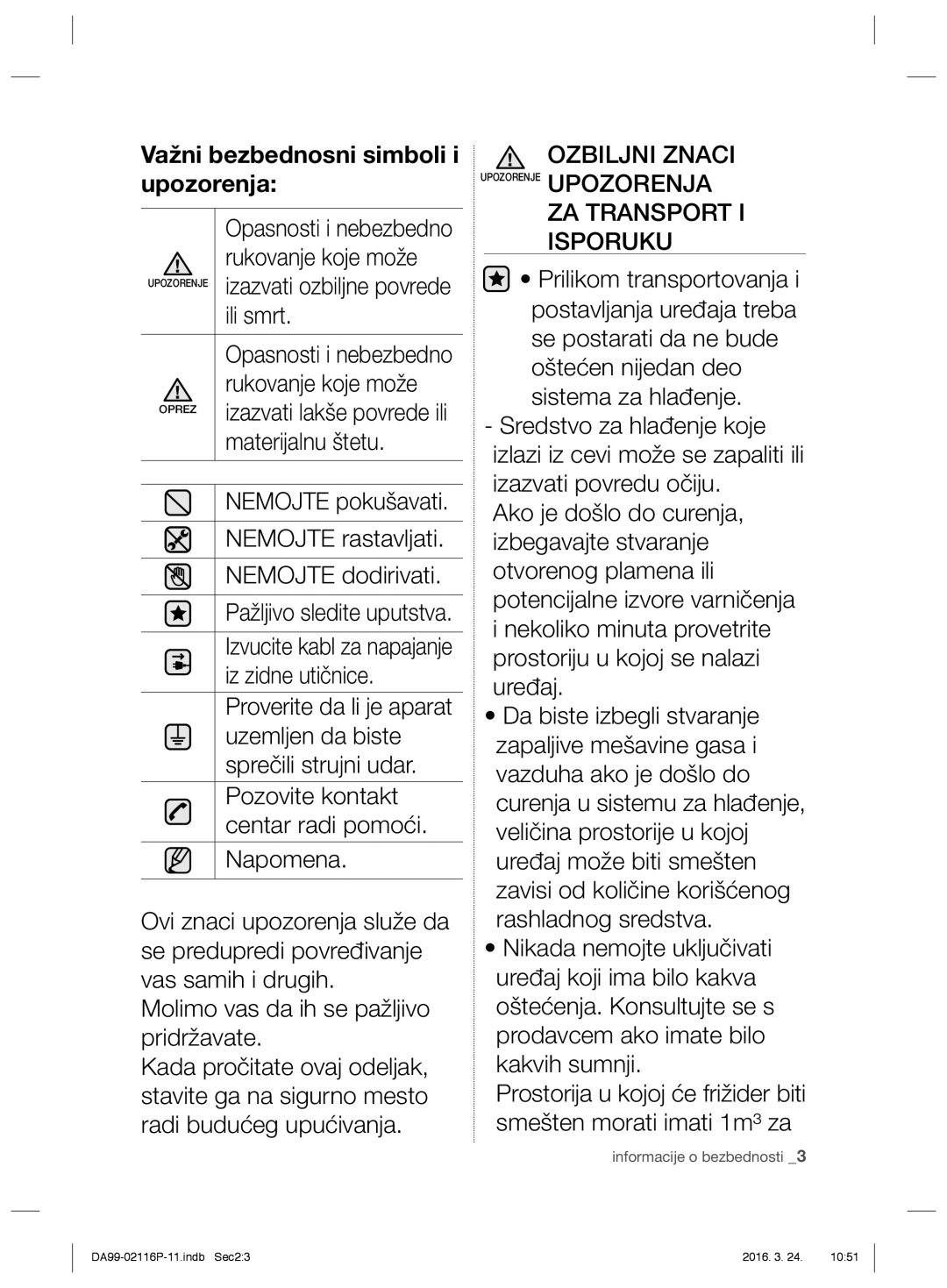 Samsung RL52VEBTS1/EUR, RL55VJBIH1/XEO, RL55VTE1L1/XEO, RL55VJBIH1/XEF, RL52VEBTS1/XEF Ozbiljni Znaci, ZA Transport Isporuku 