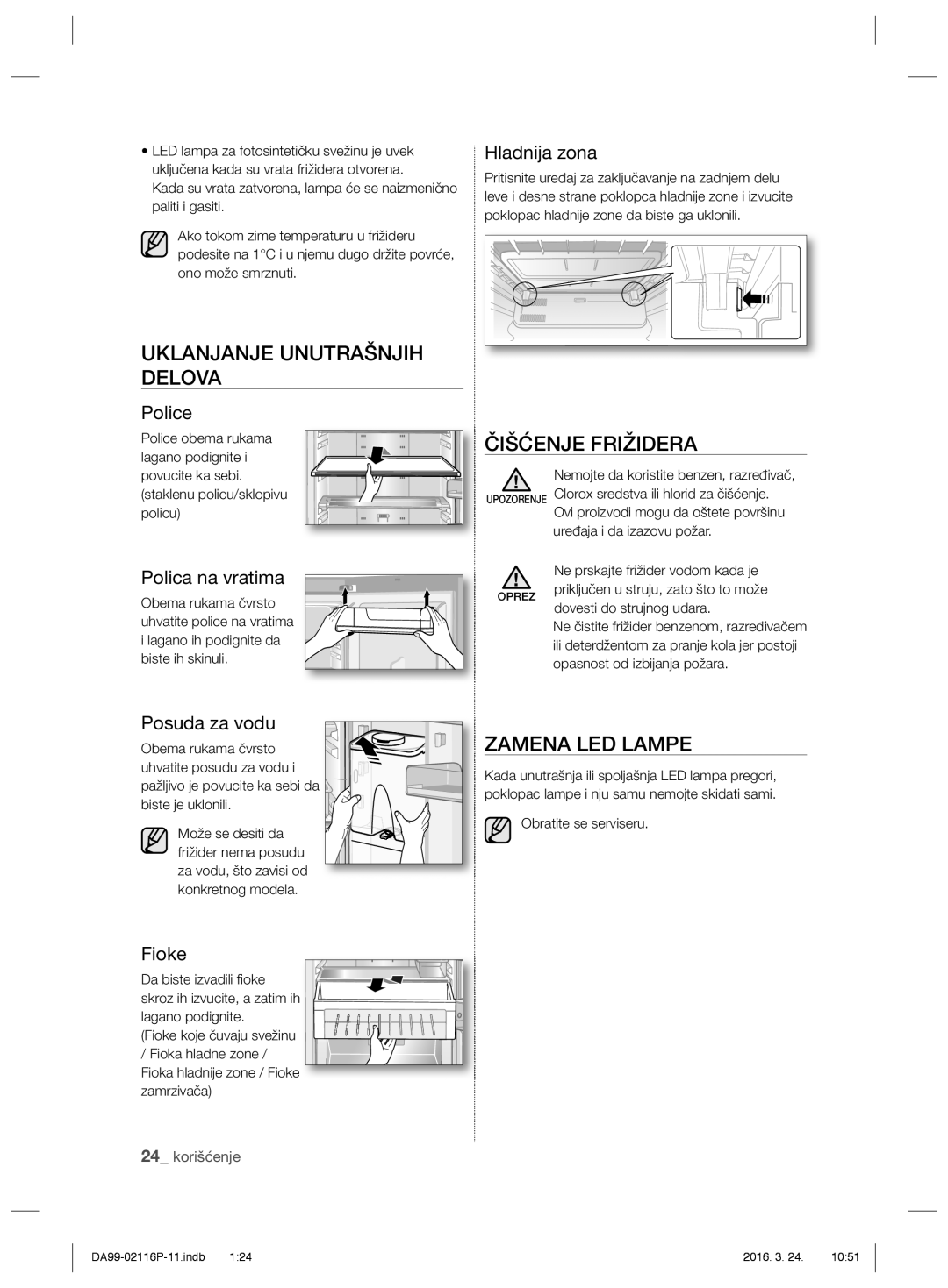 Samsung RL55VQBRS1/EUR, RL55VJBIH1/XEO, RL55VTE1L1/XEO Uklanjanje Unutrašnjih Delova, Čišćenje Frižidera, Zamena LED Lampe 