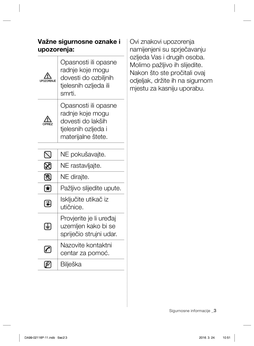 Samsung RL55VTEBG1/XES, RL55VJBIH1/XEO, RL55VTE1L1/XEO, RL55VJBIH1/XEF, RL52VEBTS1/XEF Važne sigurnosne oznake i upozorenja 