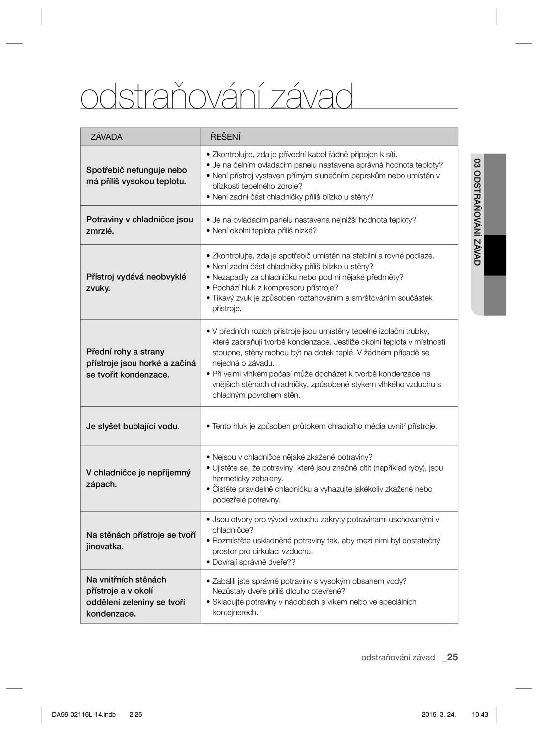 Samsung RL55VQBRS1/XEF, RL55VJBIH1/XEO, RL55VTE1L1/XEO, RL55VJBIH1/XEF, RL55VTEBG1/EUR manual Závada Řešení, Odstraňování Závad 