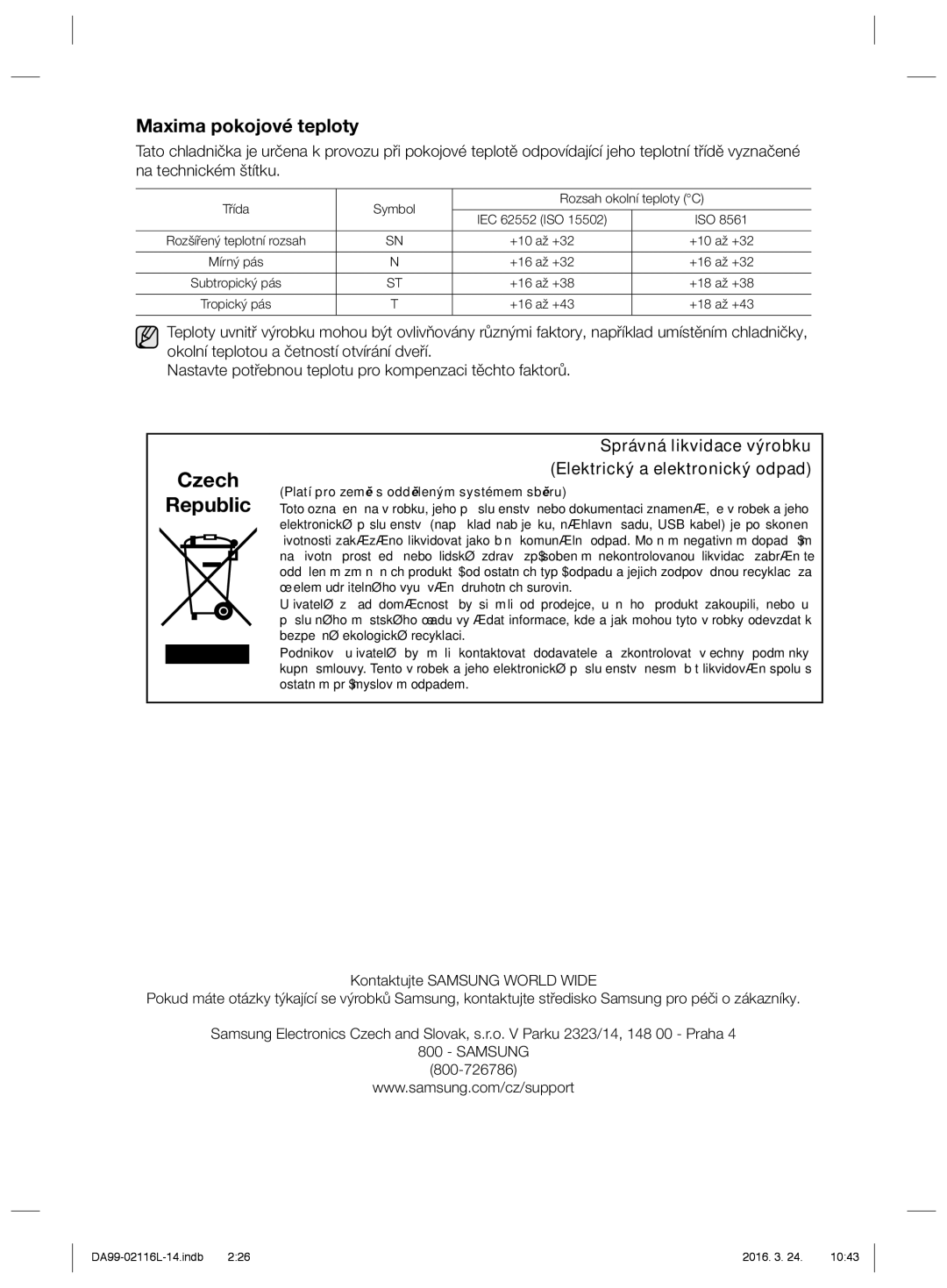 Samsung RL55VTEBG1/XEF, RL55VJBIH1/XEO, RL55VTE1L1/XEO, RL55VJBIH1/XEF manual Maxima pokojové teploty, Samsung, 800-726786 