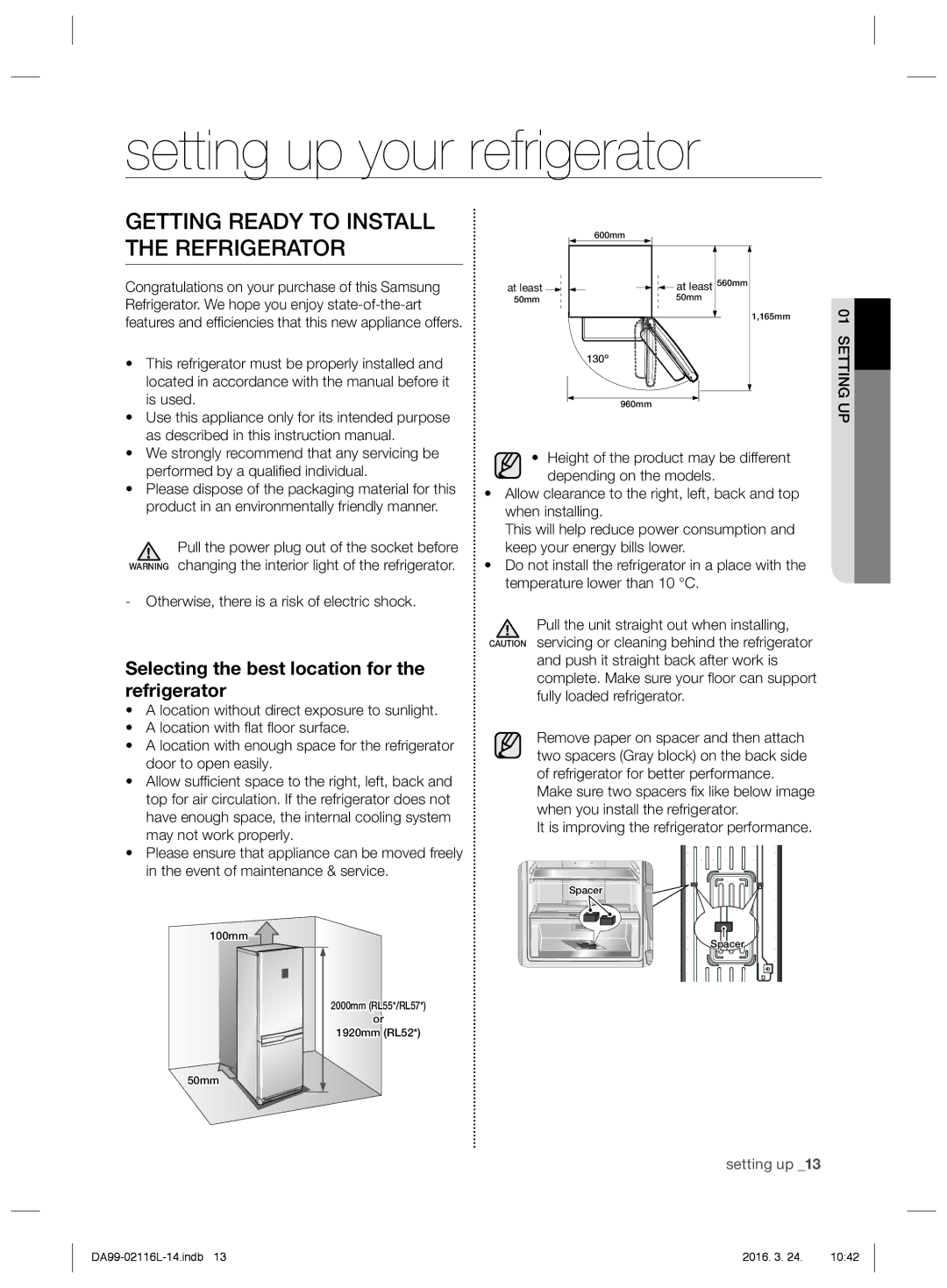 Samsung RL55VQBRS1/XES Selecting the best location for the refrigerator, Otherwise, there is a risk of electric shock 