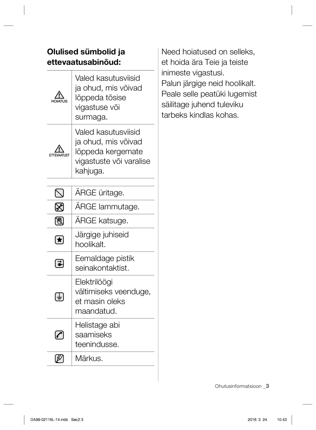 Samsung RL52VEBVB1/XEO Valed kasutusviisid, Ja ohud, mis võivad, Lõppeda tõsise, Vigastuse või, Surmaga, Lõppeda kergemate 