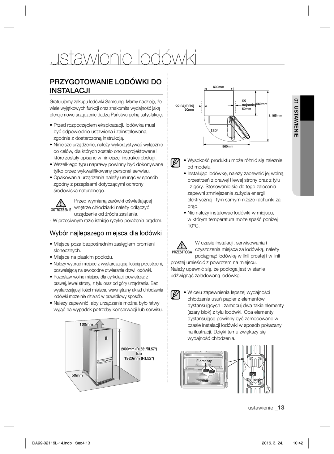 Samsung RL55VQBRS1/EUR Ustawienie lodówki, Przygotowanie Lodówki do Instalacji, Wybór najlepszego miejsca dla lodówki 