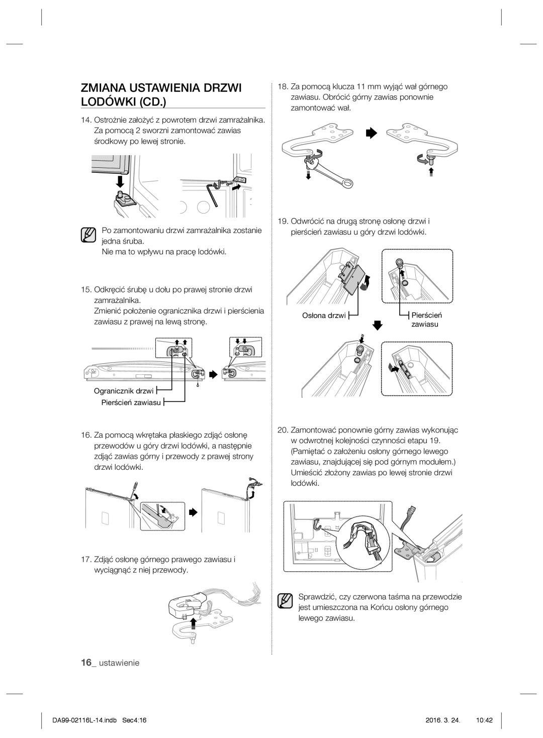 Samsung RL55VEBIH1/XEO manual Zmiana Ustawienia Drzwi Lodówki CD, Ogranicznik drzwi Pierścień zawiasu Osłona drzwi 