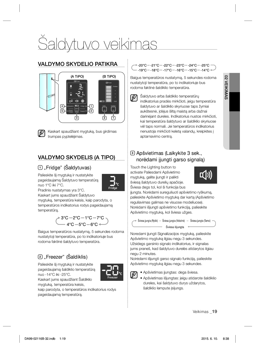 Samsung RL55VGBVB1/BWT manual Šaldytuvo veikimas, Valdymo Skydelio Patikra, Valdymo Skydelis a Tipo, „Fridge Šaldytuvas 