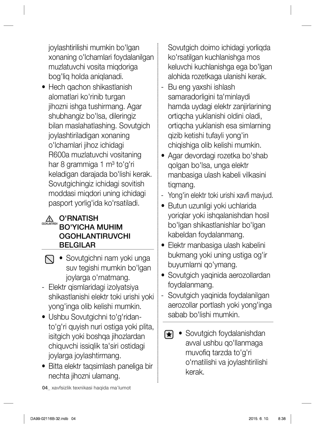 Samsung RL57TTE2C1/BWT, RL55VQBRS1/XEO manual Sovutgich yaqinida aerozollardan foydalanmang, Ogohlantiruvchi Belgilar 