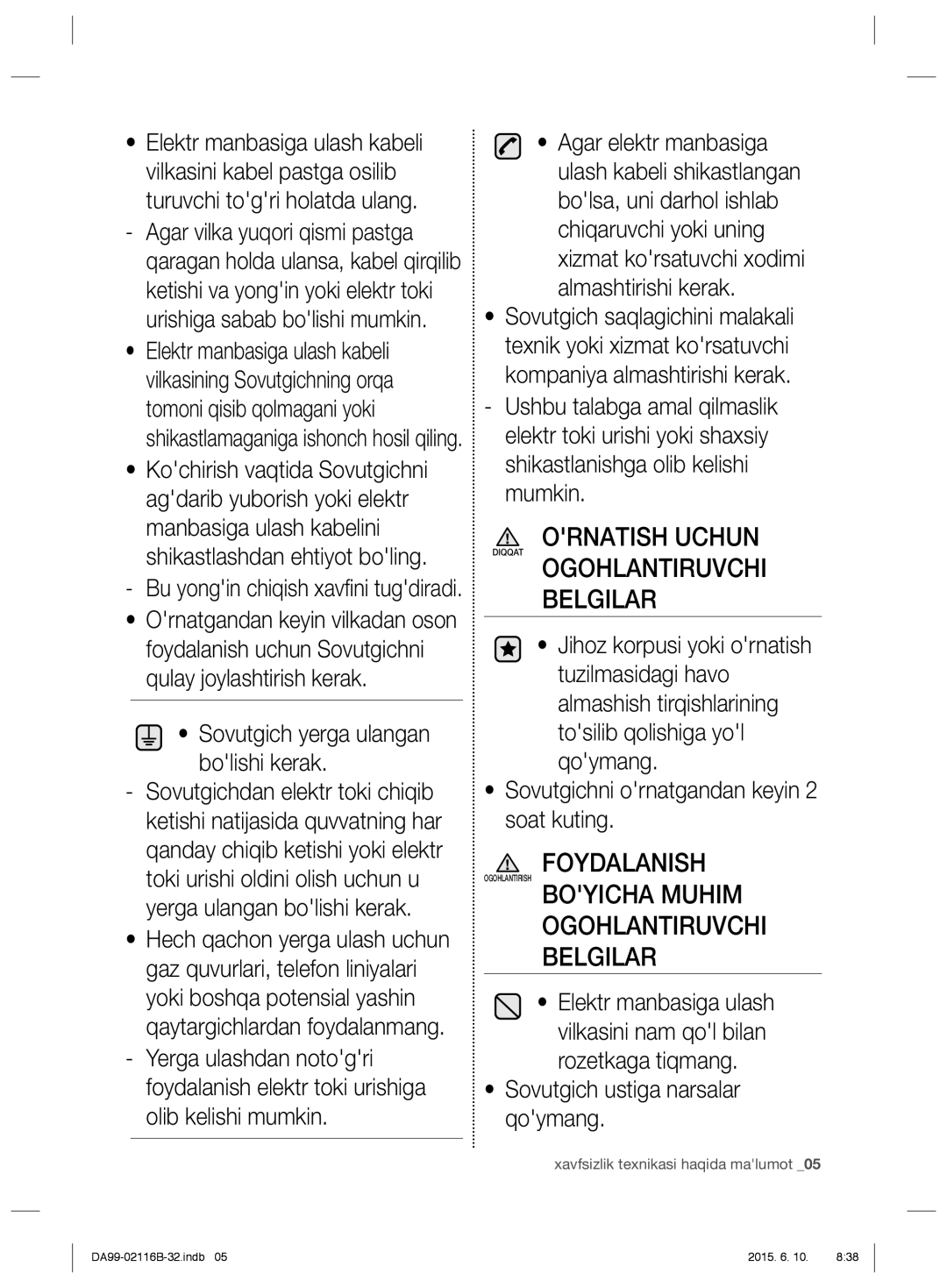 Samsung RL52TEBX41/BWT, RL55VQBRS1/XEO manual Sovutgich yerga ulangan bolishi kerak, Sovutgich ustiga narsalar qoymang 