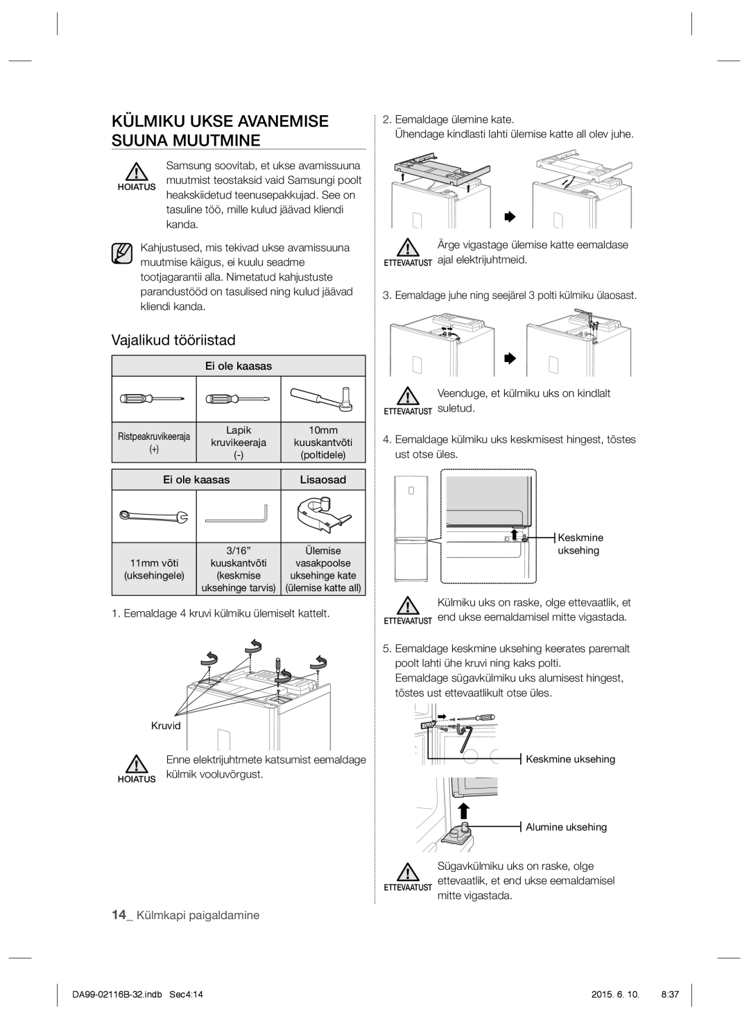 Samsung RL52VEBIH1/XEO, RL55VQBRS1/XEO, RL55VTEBG1/XEO manual Külmiku Ukse Avanemise Suuna Muutmine, Vajalikud tööriistad 