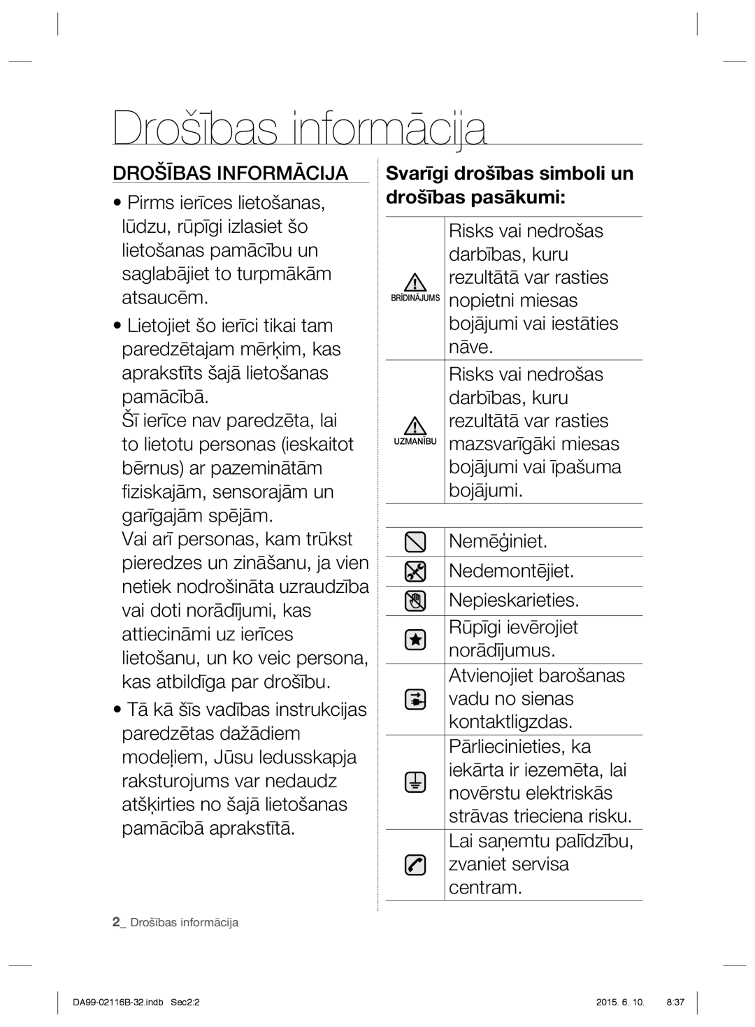 Samsung RL52VEBTS1/BWT, RL55VQBRS1/XEO, RL55VTEBG1/XEO, RL55VQBUS1/BWT manual Drošības informācija, Drošības Informācija 