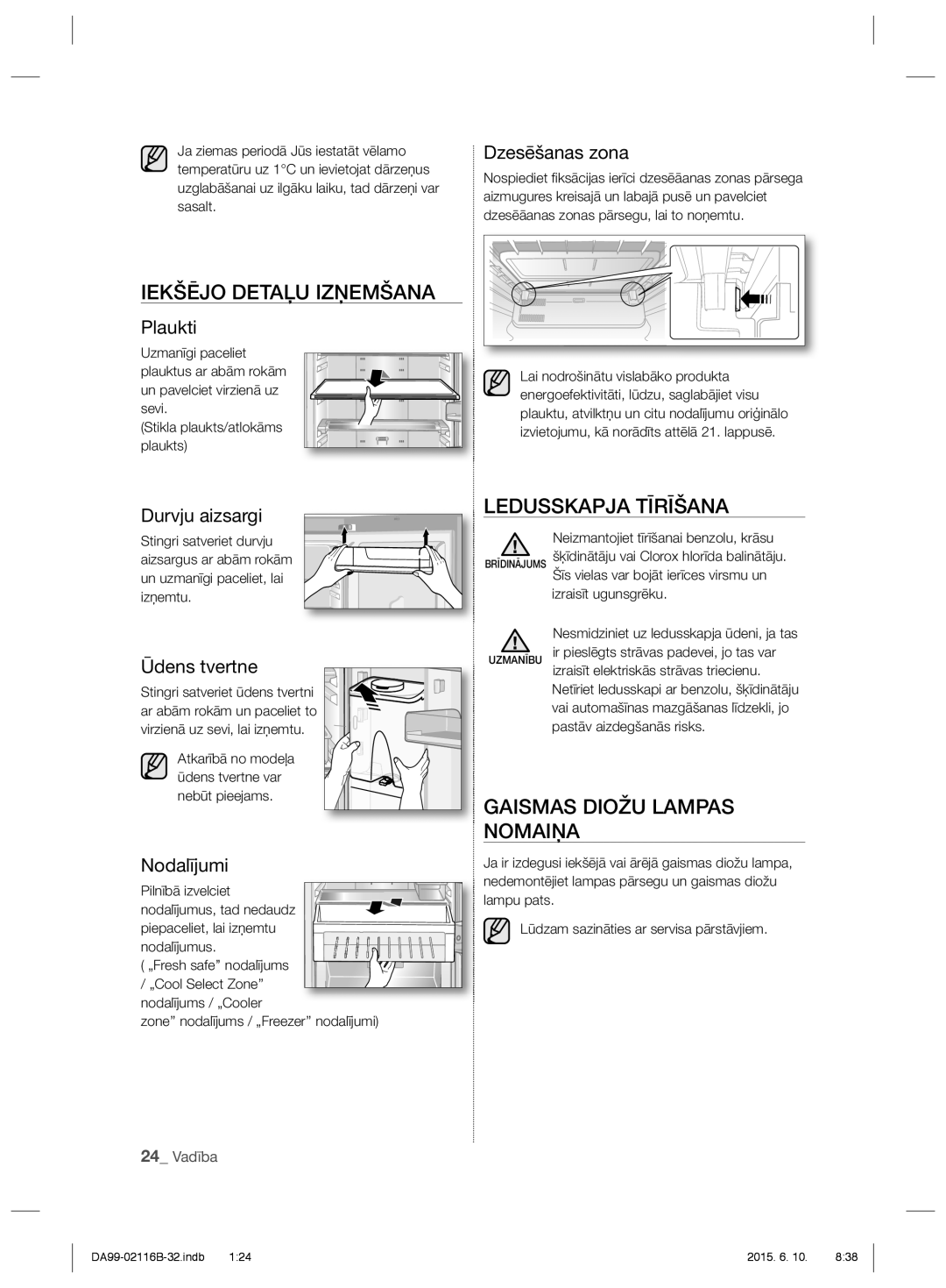 Samsung RL57TTE5K1/BWT, RL55VQBRS1/XEO manual Iekšējo Detaļu Izņemšana, Ledusskapja Tīrīšana, Gaismas Diožu Lampas Nomaiņa 