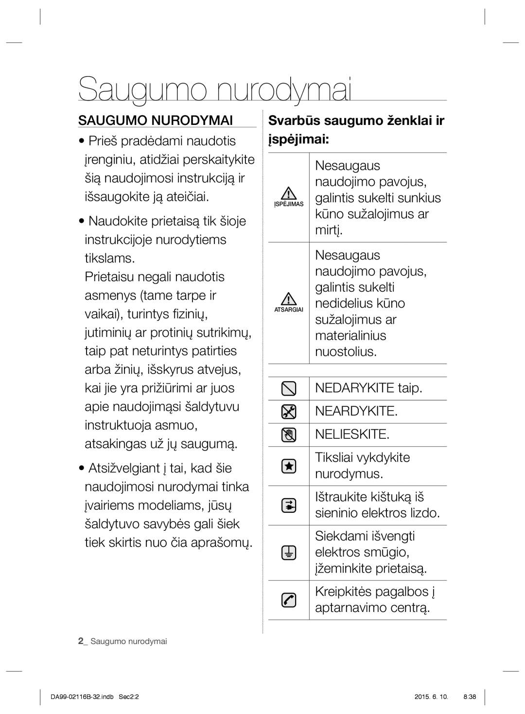 Samsung RL55VQBUS1/BWT, RL55VQBRS1/XEO, RL55VTEBG1/XEO manual Saugumo nurodymai, Saugumo Nurodymai, Neardykite, Nelieskite 