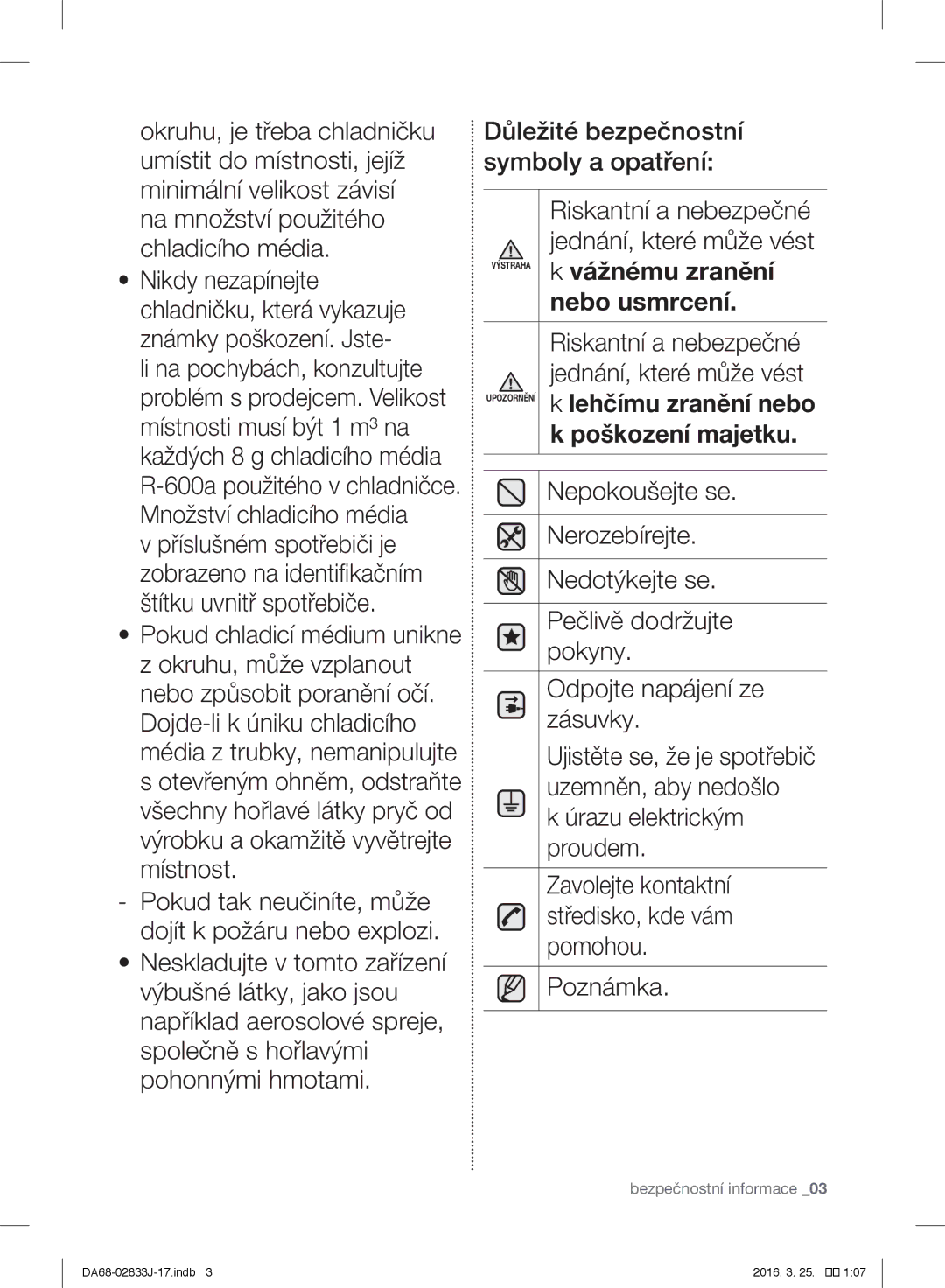 Samsung RB29FERNCSS/EF, RL56GHGMG1/XEF, RB31HER2BSA/EF, RB31FEJNCSS/EF, RB31FERNCWW/EF, RB31FSRNDSA/EF manual Vážnému zranění 