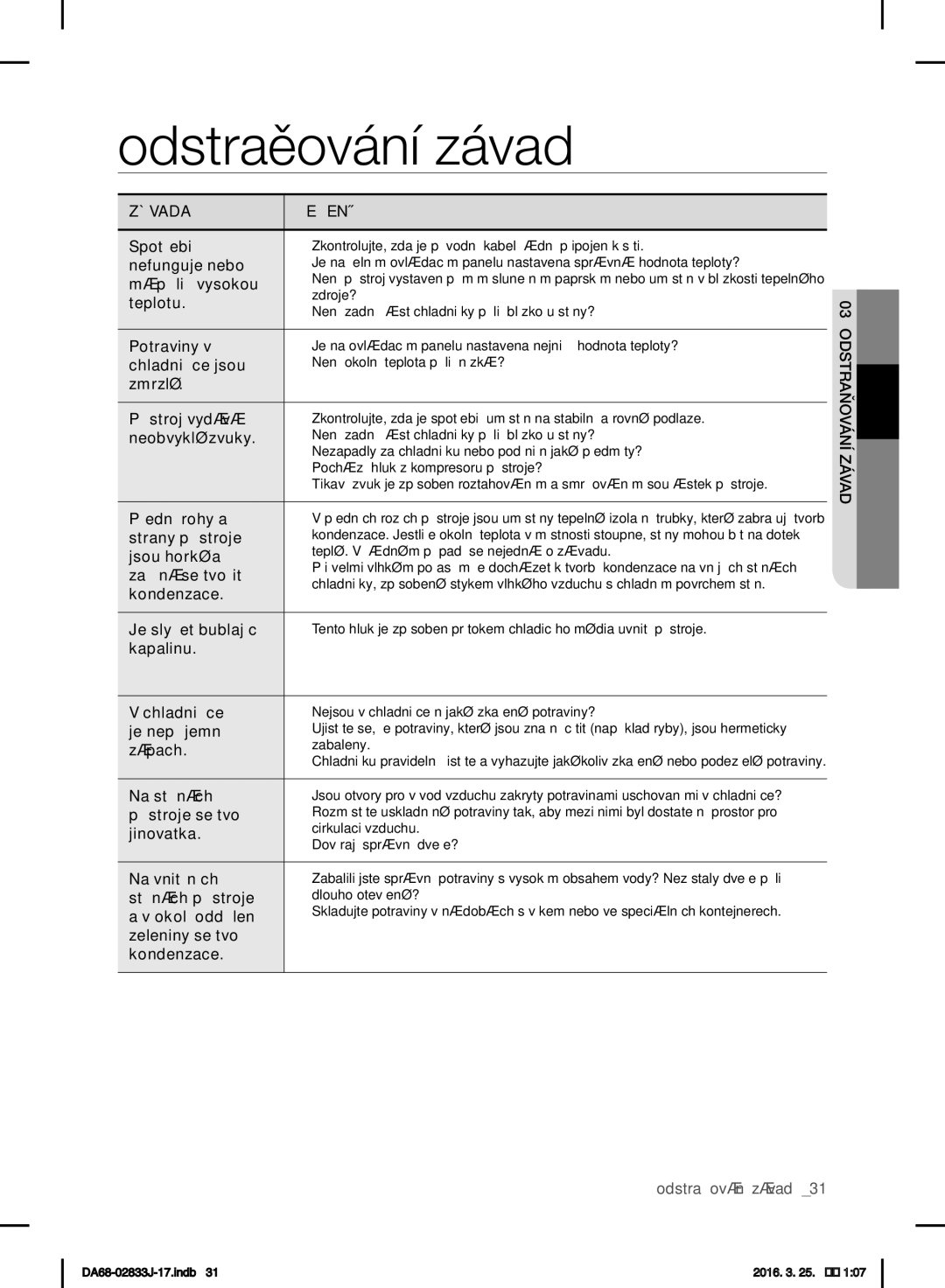 Samsung RB31HSR2DWW/EF, RL56GHGMG1/XEF, RB31HER2BSA/EF, RB31FEJNCSS/EF manual Odstraňování závad, Závad 03odstraňování 