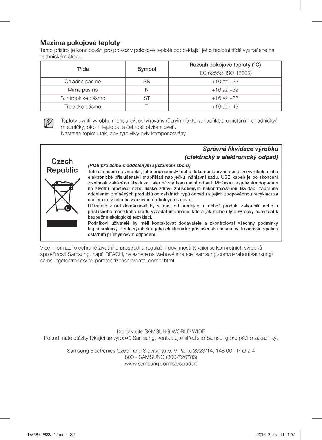 Samsung RB31FERNCSA/EF, RL56GHGMG1/XEF, RB31HER2BSA/EF, RB31FEJNCSS/EF, RB29FERNCSS/EF, RB31FERNCWW/EF manual Czech Republic 