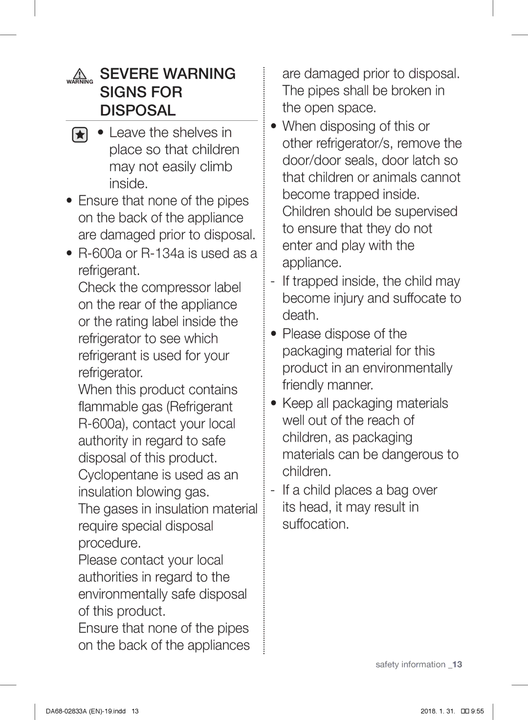 Samsung RL56GHBSW1/XEF, RL56GHGMG1/XEF, RL29FEJNBSS/EG, RB31HER2BSA/EF manual Severe Warning Warning Signs for Disposal 