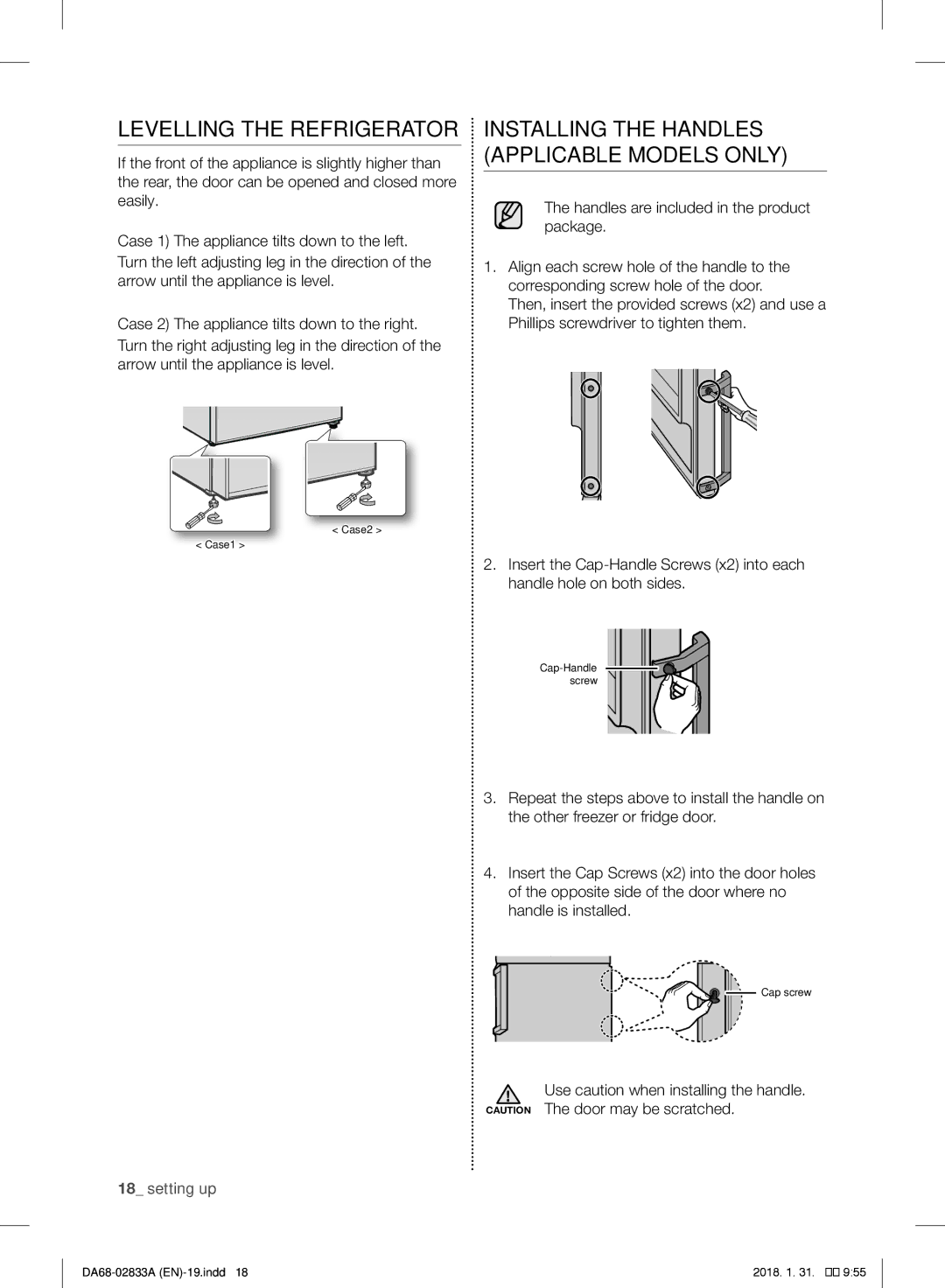 Samsung RB31FEJNCWW/EF, RL56GHGMG1/XEF manual Levelling the Refrigerator, Installing the Handles Applicable Models only 