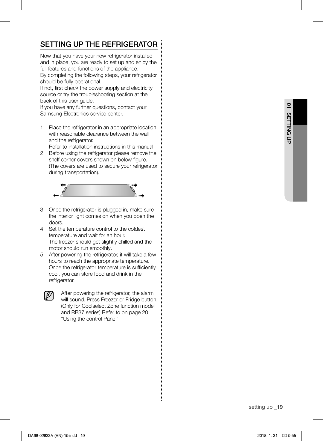 Samsung RL56GHGSW1/XEF, RL56GHGMG1/XEF, RL29FEJNBSS/EG, RB31HER2BSA/EF, RB30J3215SA/EF manual Setting UP the Refrigerator 