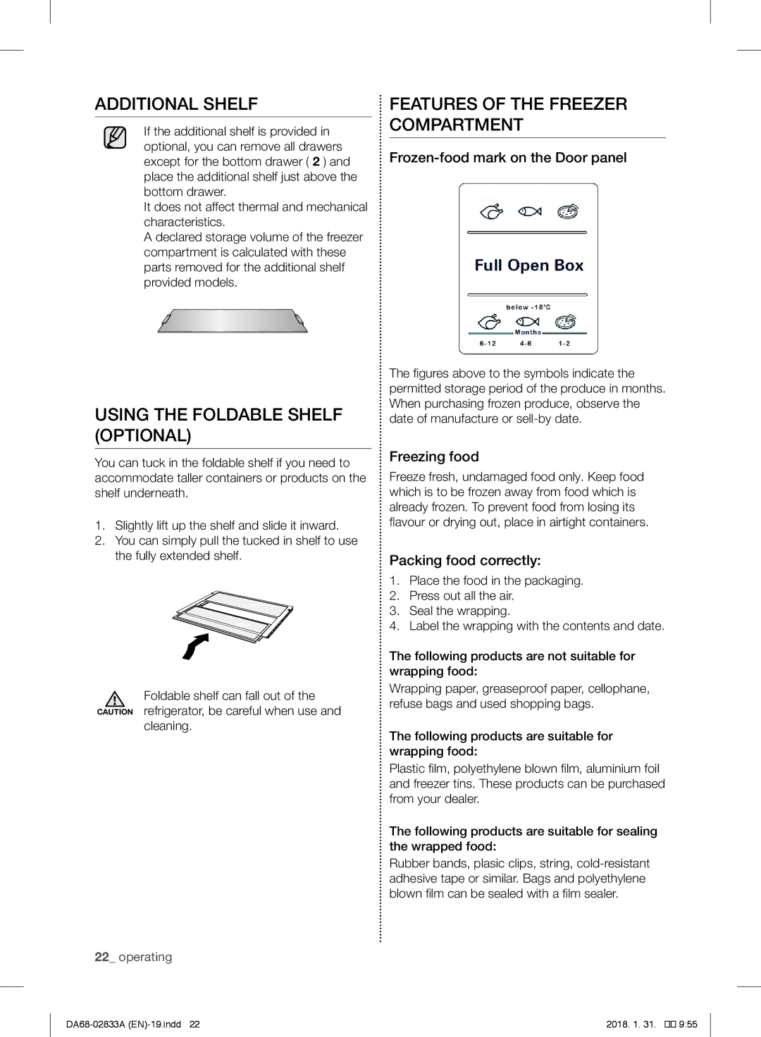 Samsung RB31FERNDEF/EF manual Additional Shelf, Features of the Freezer Compartment, Using the Foldable Shelf Optional 