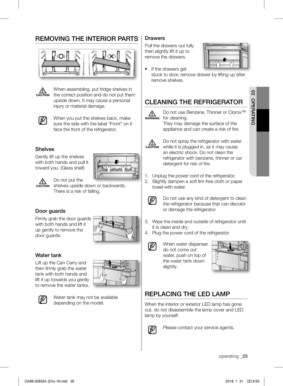 Samsung RB32FEJNBSS/EF, RL56GHGMG1/XEF manual Removing the Interior Parts, Cleaning the Refrigerator, Replacing the LED Lamp 