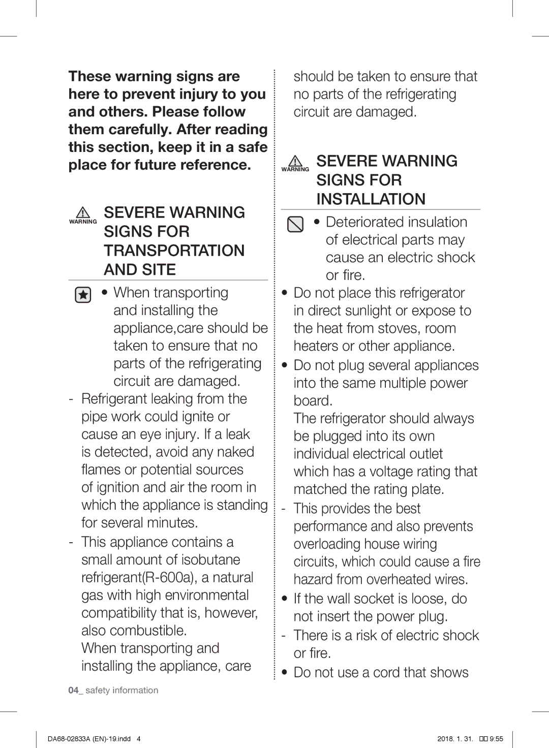 Samsung RB31FEJNCSS/EF, RL56GHGMG1/XEF, RL29FEJNBSS/EG, RB31HER2BSA/EF, RB30J3215SA/EF manual Severe Warning Warning Signs for 