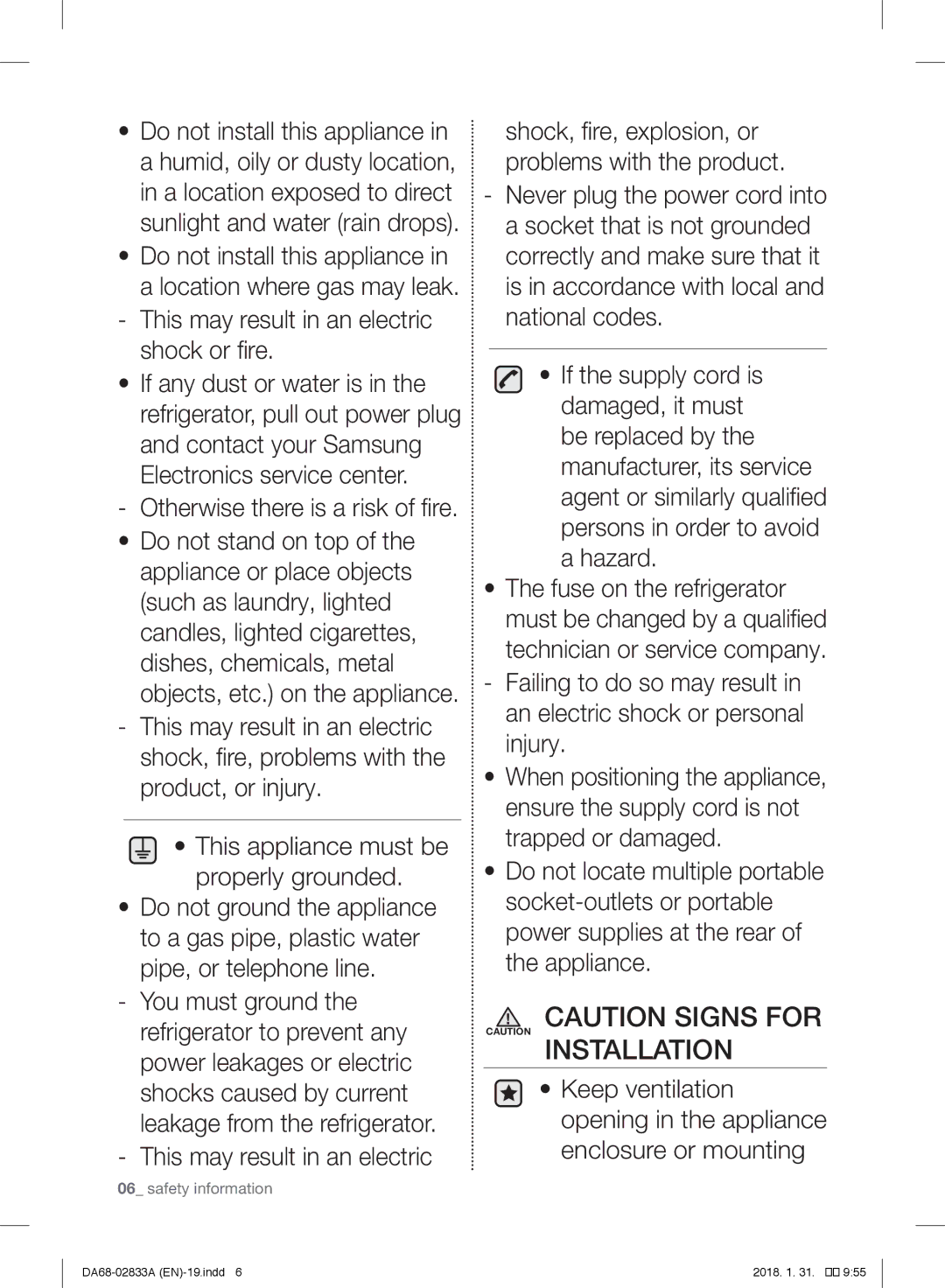 Samsung RL30J3515SS/EG, RL56GHGMG1/XEF, RL29FEJNBSS/EG, RB31HER2BSA/EF, RB30J3215SA/EF manual This may result in an electric 