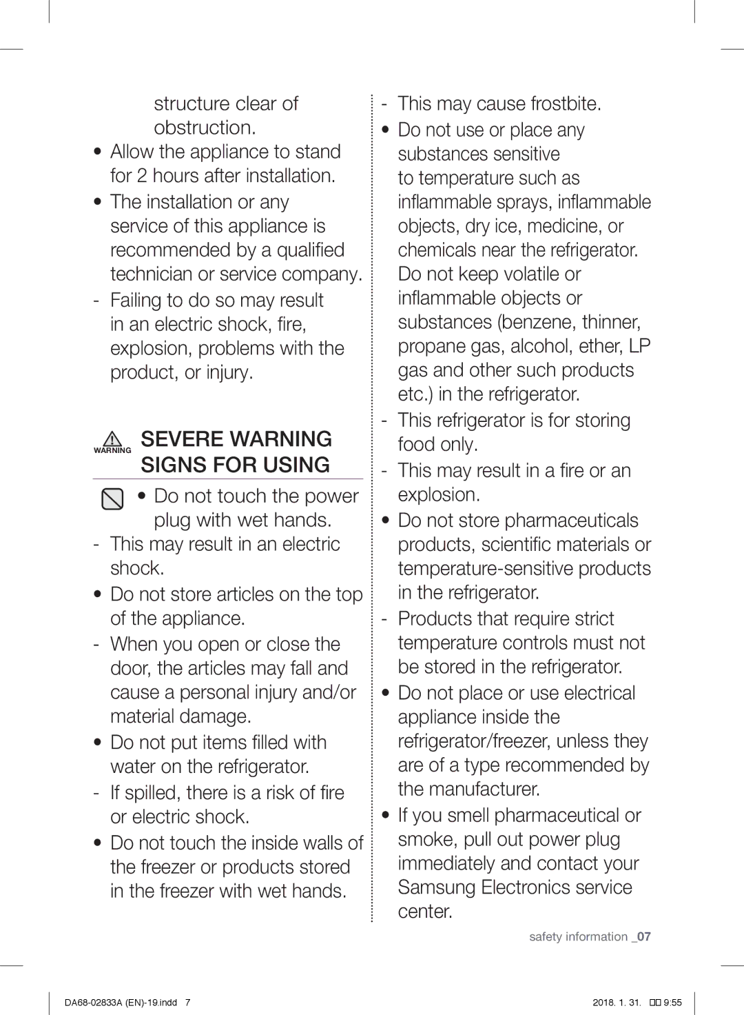 Samsung RL30J3005WW/EG, RL56GHGMG1/XEF, RL29FEJNBSS/EG, RB31HER2BSA/EF, RB30J3215SA/EF Severe Warning Warning Signs for Using 