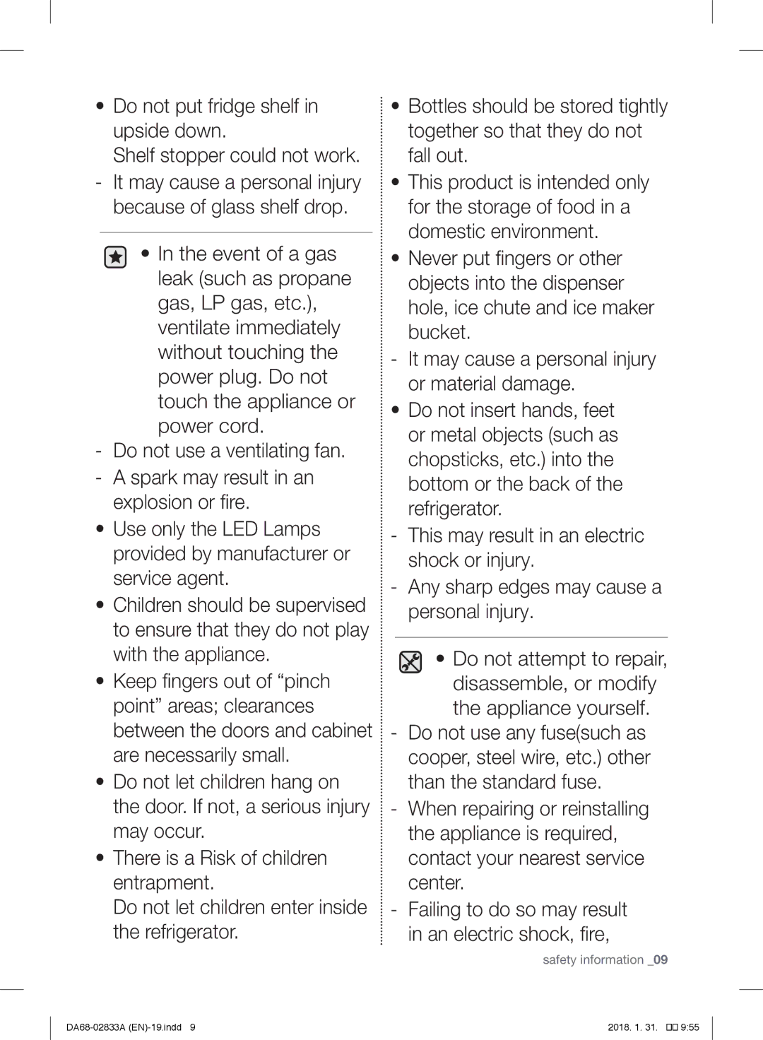 Samsung RB29FEJNCSS/EG, RL56GHGMG1/XEF, RL29FEJNBSS/EG manual It may cause a personal injury because of glass shelf drop 