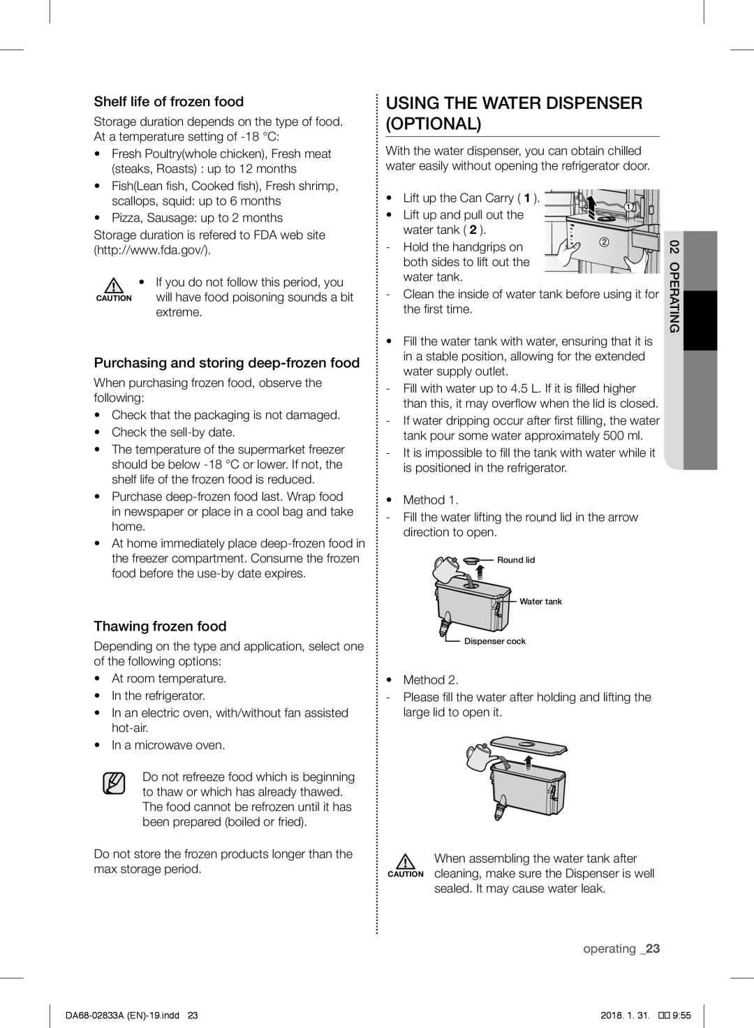 Samsung RB31HER2CSA/EF manual Using The Water Dispenser Optional, Shelf life of frozen food, Thawing frozen food, operating 